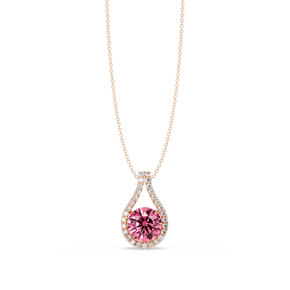 3.2 CTW Round Teardrop Halo Colorstone Pendant Necklace – Tourmaline Pink – 14K Rose Gold