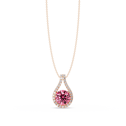 3.2 CTW Round Teardrop Halo Colorstone Pendant Necklace – Tourmaline Pink – 14K Rose Gold
