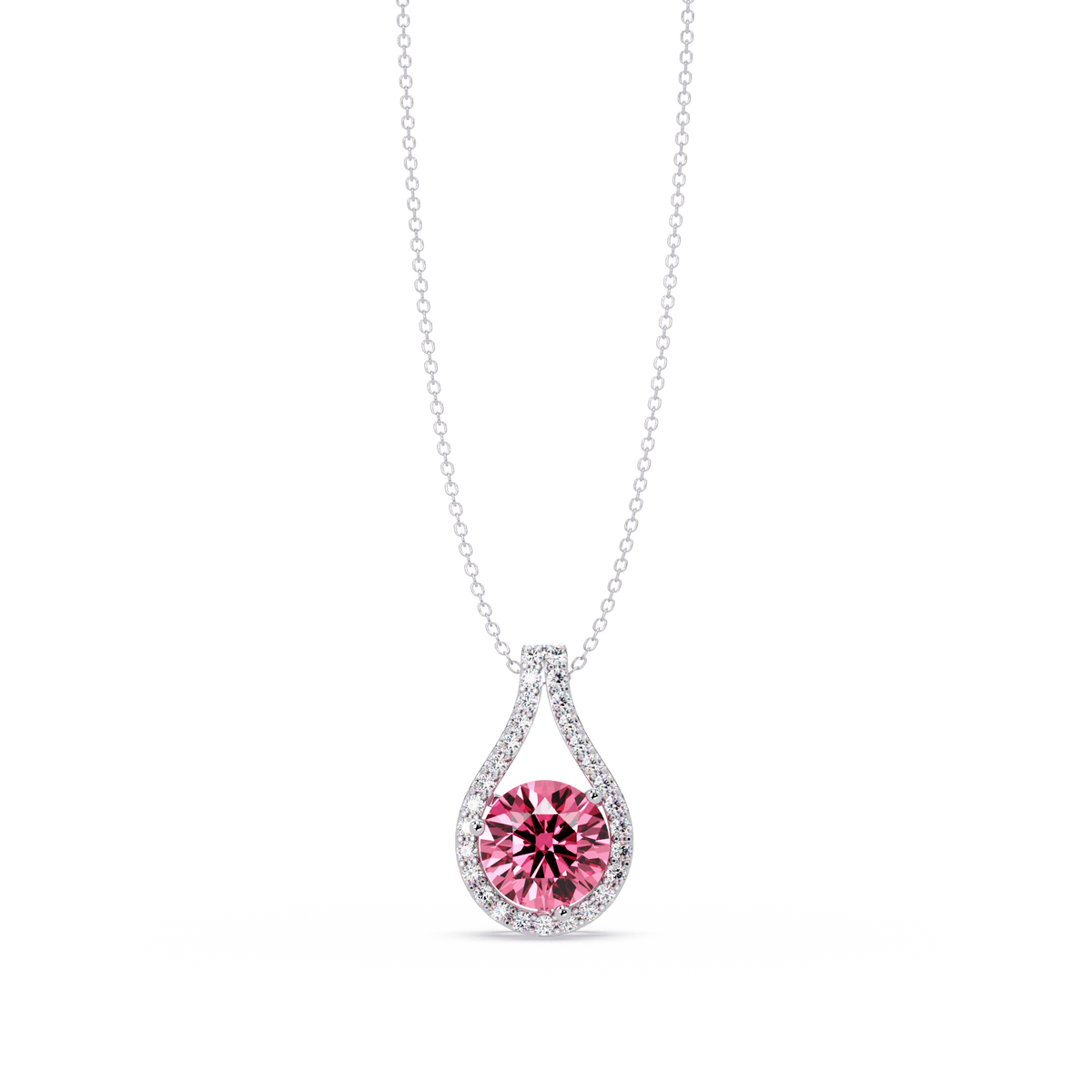 3.2 CTW Round Teardrop Halo Colorstone Pendant Necklace – Tourmaline Pink – 14K White Gold
