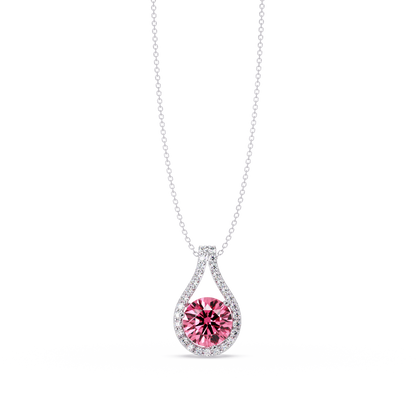 3.2 CTW Round Teardrop Halo Colorstone Pendant Necklace – Tourmaline Pink – 14K White Gold