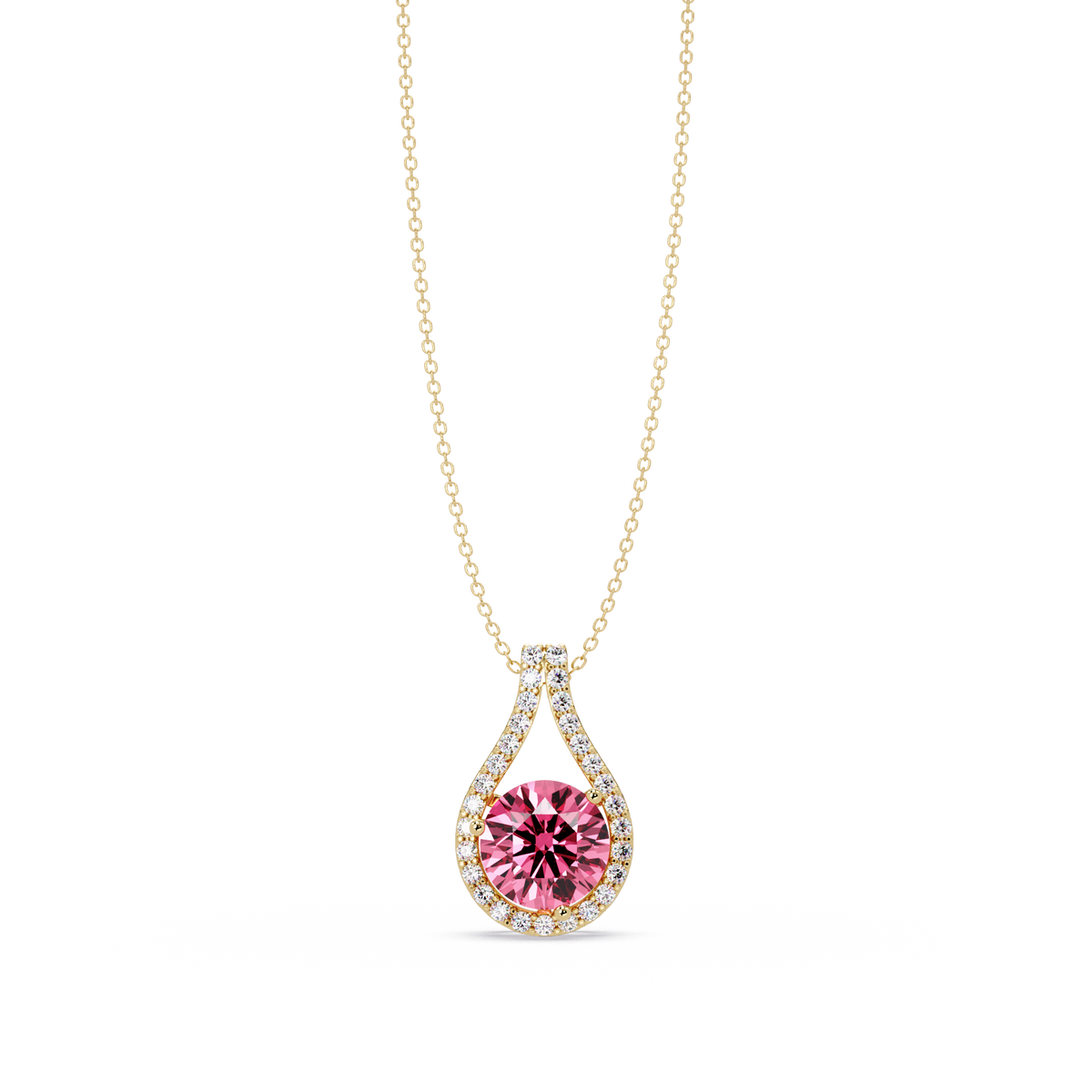 3.2 CTW Round Teardrop Halo Colorstone Pendant Necklace – Tourmaline Pink – 14K Yellow Gold