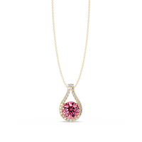 3.2 CTW Round Teardrop Halo Colorstone Pendant Necklace – Tourmaline Pink – 14K Yellow Gold