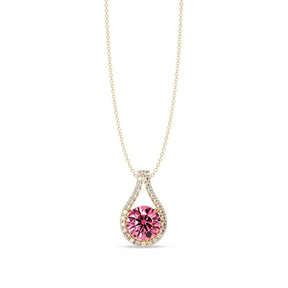 3.2 CTW Round Teardrop Halo Colorstone Pendant Necklace – Tourmaline Pink – 14K Yellow Gold