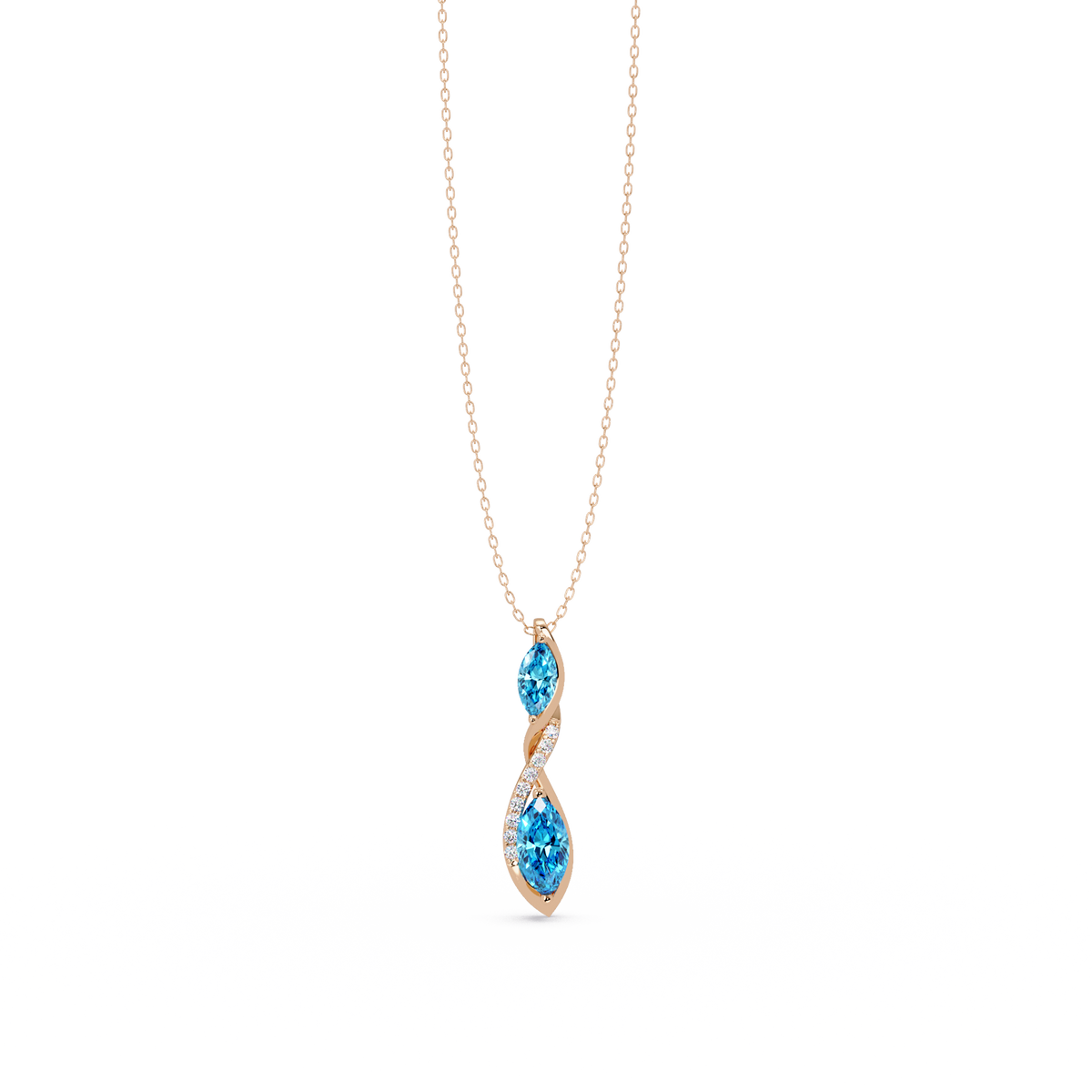 0.7 CTW Double Marquise Twist Colorstone Pendant Necklace – Aquamarine Sky Blue – 14K Rose Gold