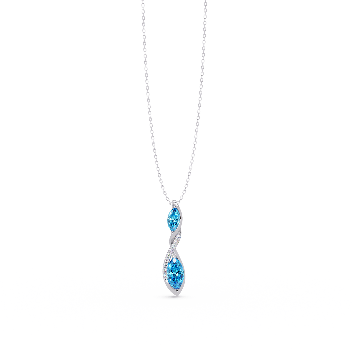 0.7 CTW Double Marquise Twist Colorstone Pendant Necklace – Aquamarine Sky Blue – 14K White Gold