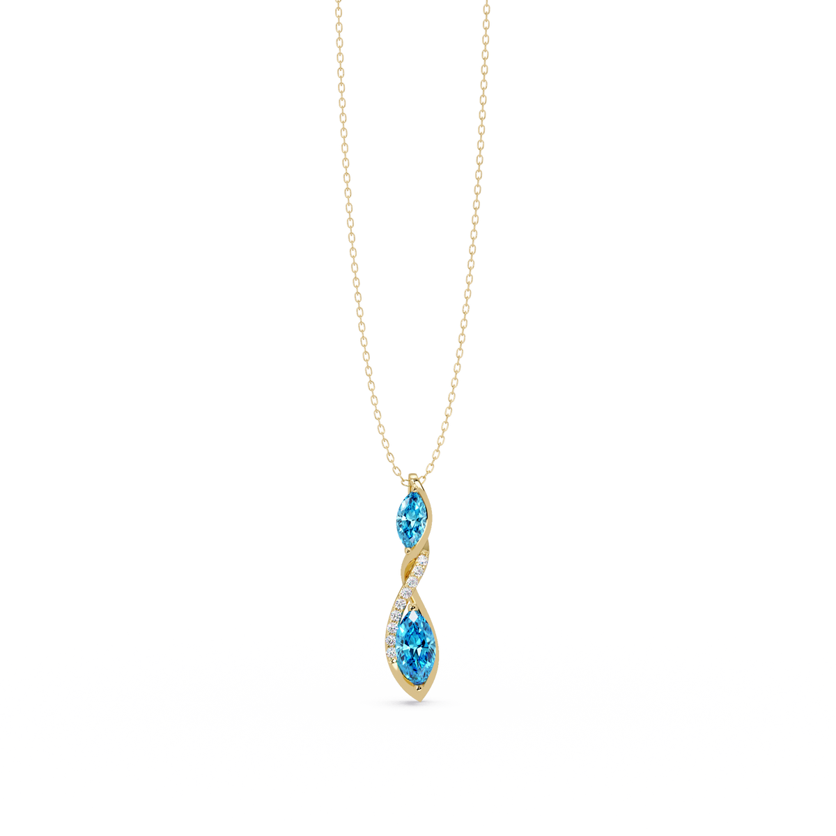0.7 CTW Double Marquise Twist Colorstone Pendant Necklace – Aquamarine Sky Blue – 14K Yellow Gold
