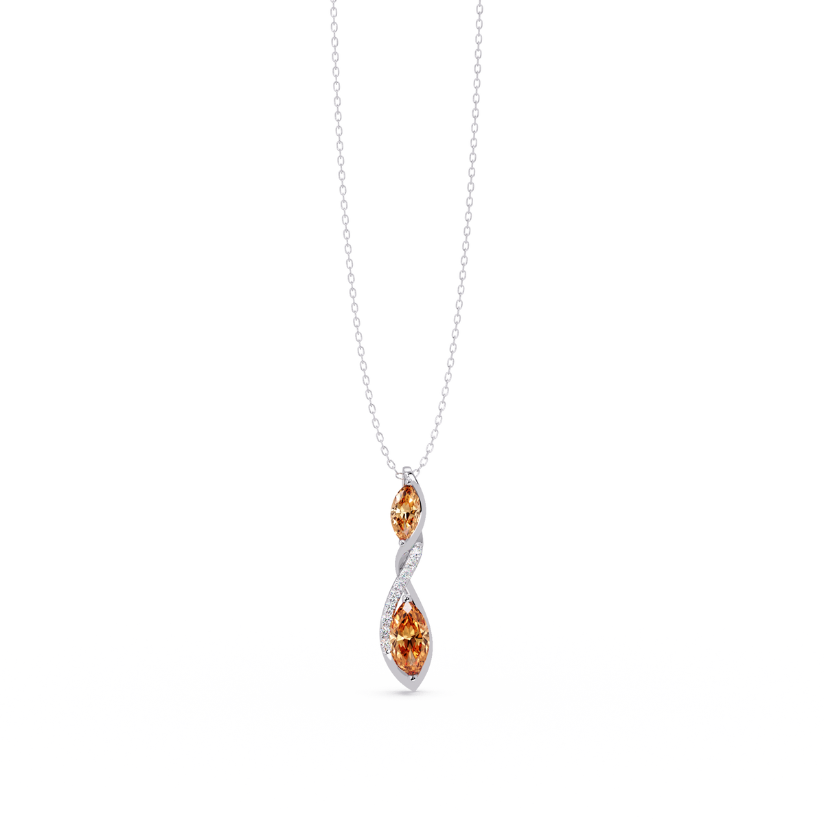 0.7 CTW Double Marquise Twist Colorstone Pendant Necklace – Champagne Topaz Amber – 14K White Gold
