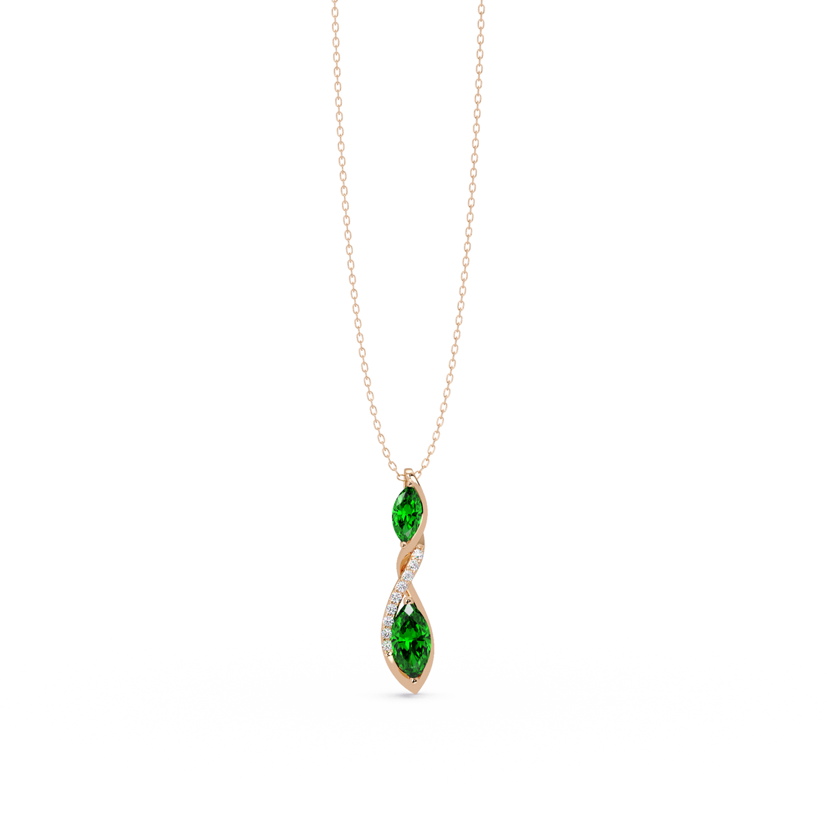0.7 CTW Double Marquise Twist Colorstone Pendant Necklace – Emerald Deep Green – 14K Rose Gold