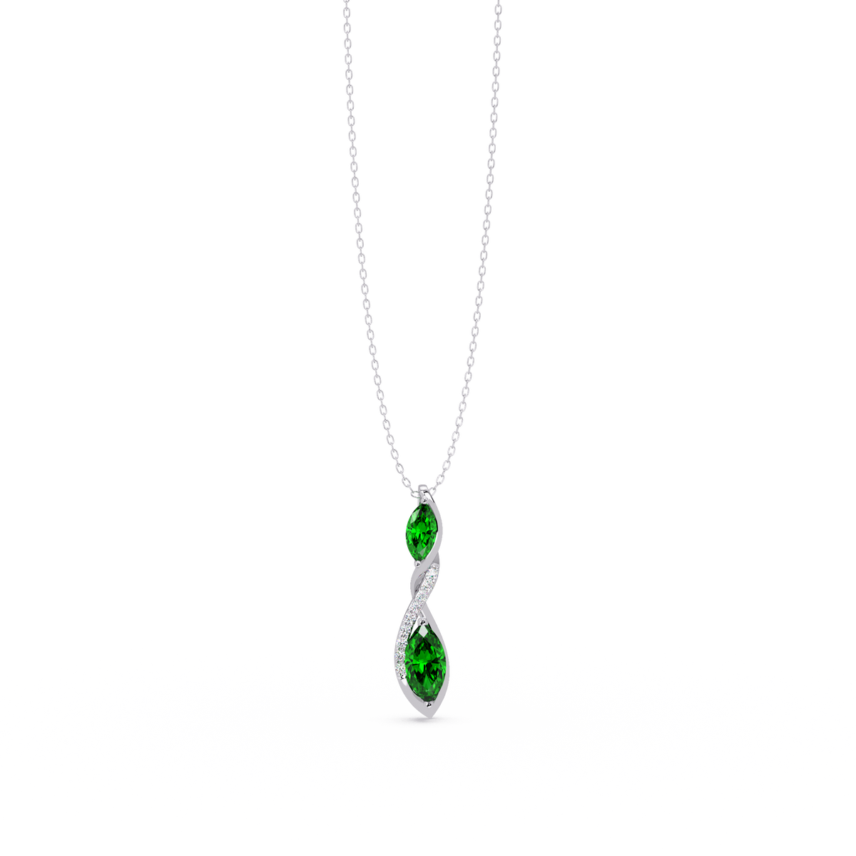 0.7 CTW Double Marquise Twist Colorstone Pendant Necklace – Emerald Deep Green – 14K White Gold