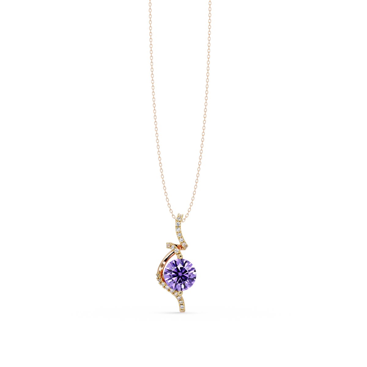 2.0 CTW Round Swirl Halo Colorstone Pendant Necklace – Amethyst Lavender – 14K Rose Gold