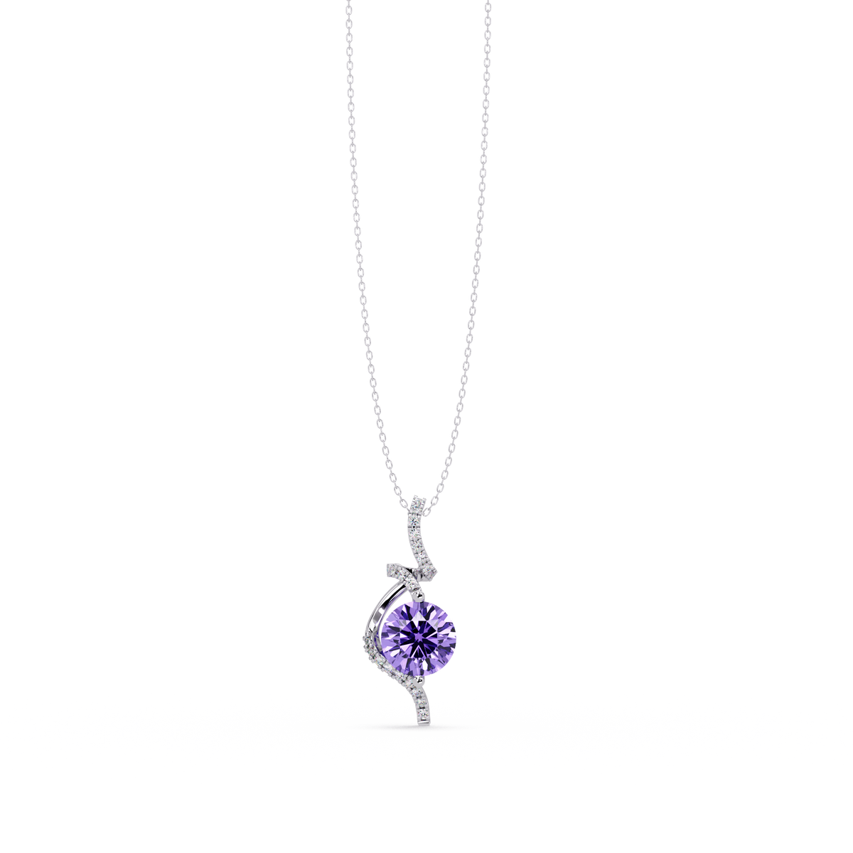 2.0 CTW Round Swirl Halo Colorstone Pendant Necklace – Amethyst Lavender – 14K White Gold
