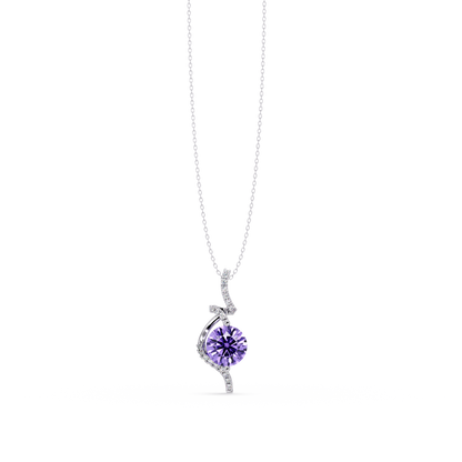 2.0 CTW Round Swirl Halo Colorstone Pendant Necklace – Amethyst Lavender – 14K White Gold