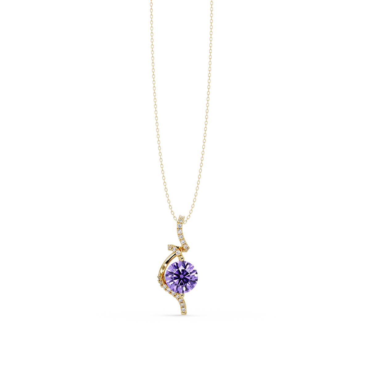 2.0 CTW Round Swirl Halo Colorstone Pendant Necklace – Amethyst Lavender – 14K Yellow Gold
