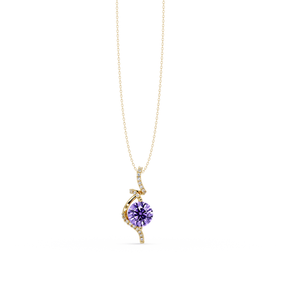 2.0 CTW Round Swirl Halo Colorstone Pendant Necklace – Amethyst Lavender – 14K Yellow Gold