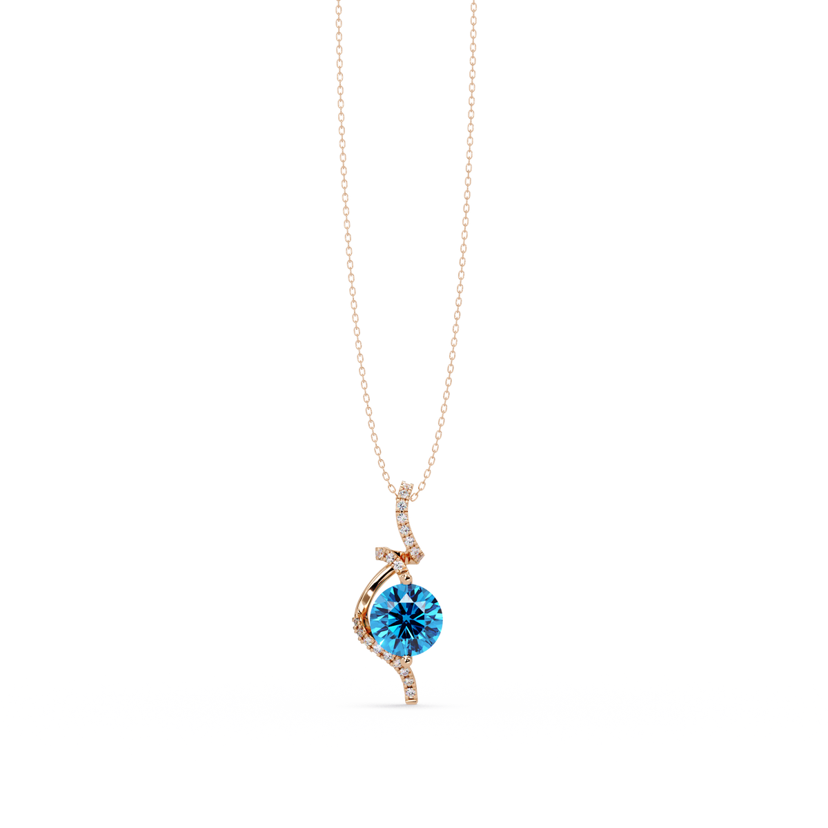 2.0 CTW Round Swirl Halo Colorstone Pendant Necklace – Aquamarine Sky Blue – 14K Rose Gold