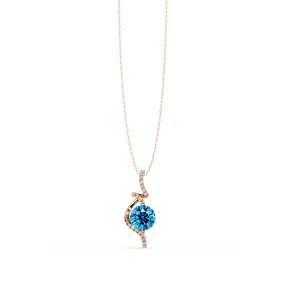 2.0 CTW Round Swirl Halo Colorstone Pendant Necklace – Aquamarine Sky Blue – 14K Rose Gold