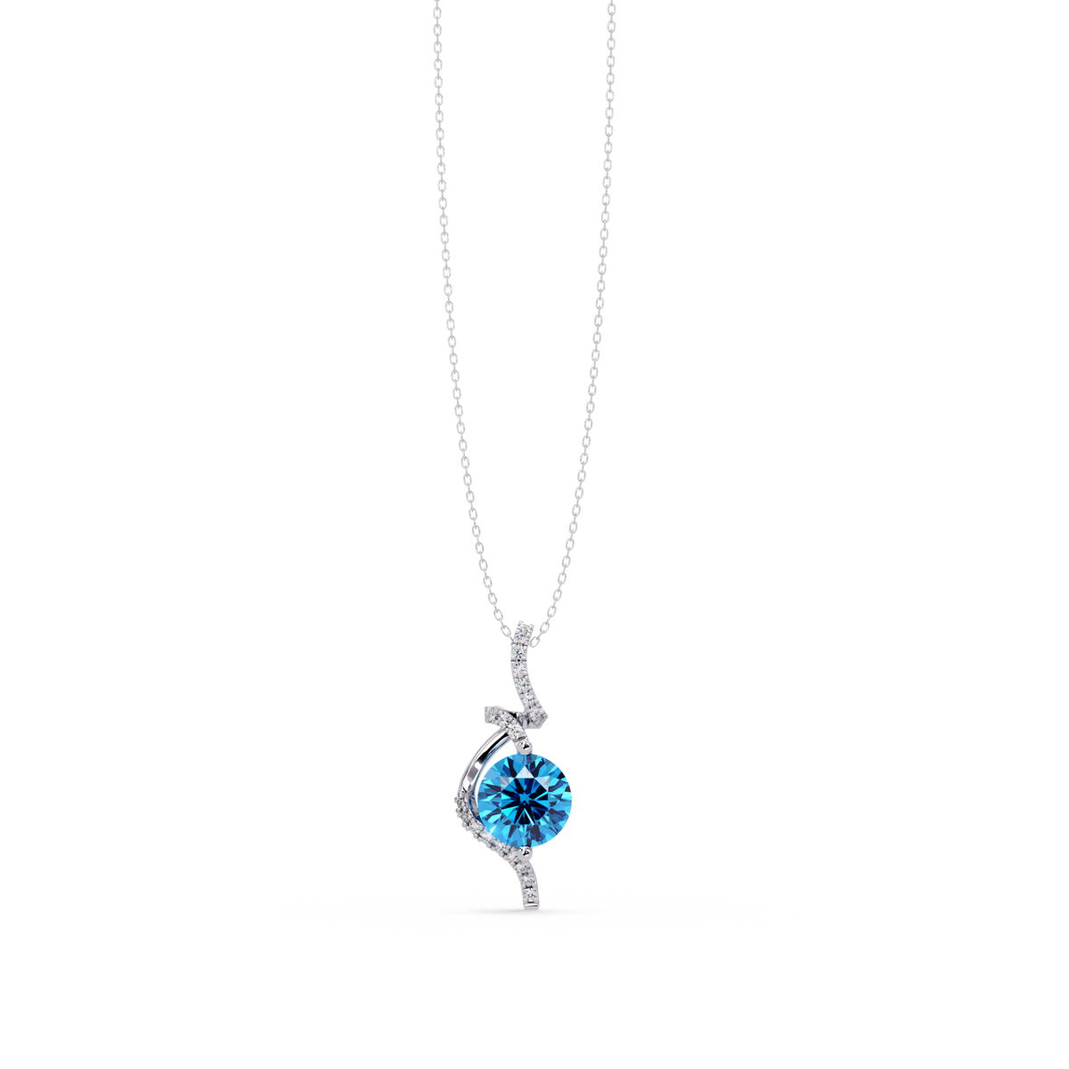 2.0 CTW Round Swirl Halo Colorstone Pendant Necklace – Aquamarine Sky Blue – 14K White Gold