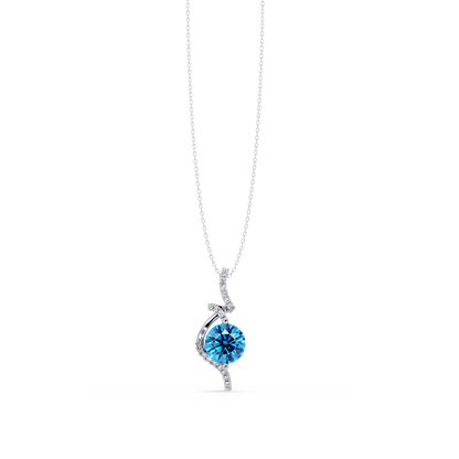 2.0 CTW Round Swirl Halo Colorstone Pendant Necklace – Aquamarine Sky Blue – 14K White Gold