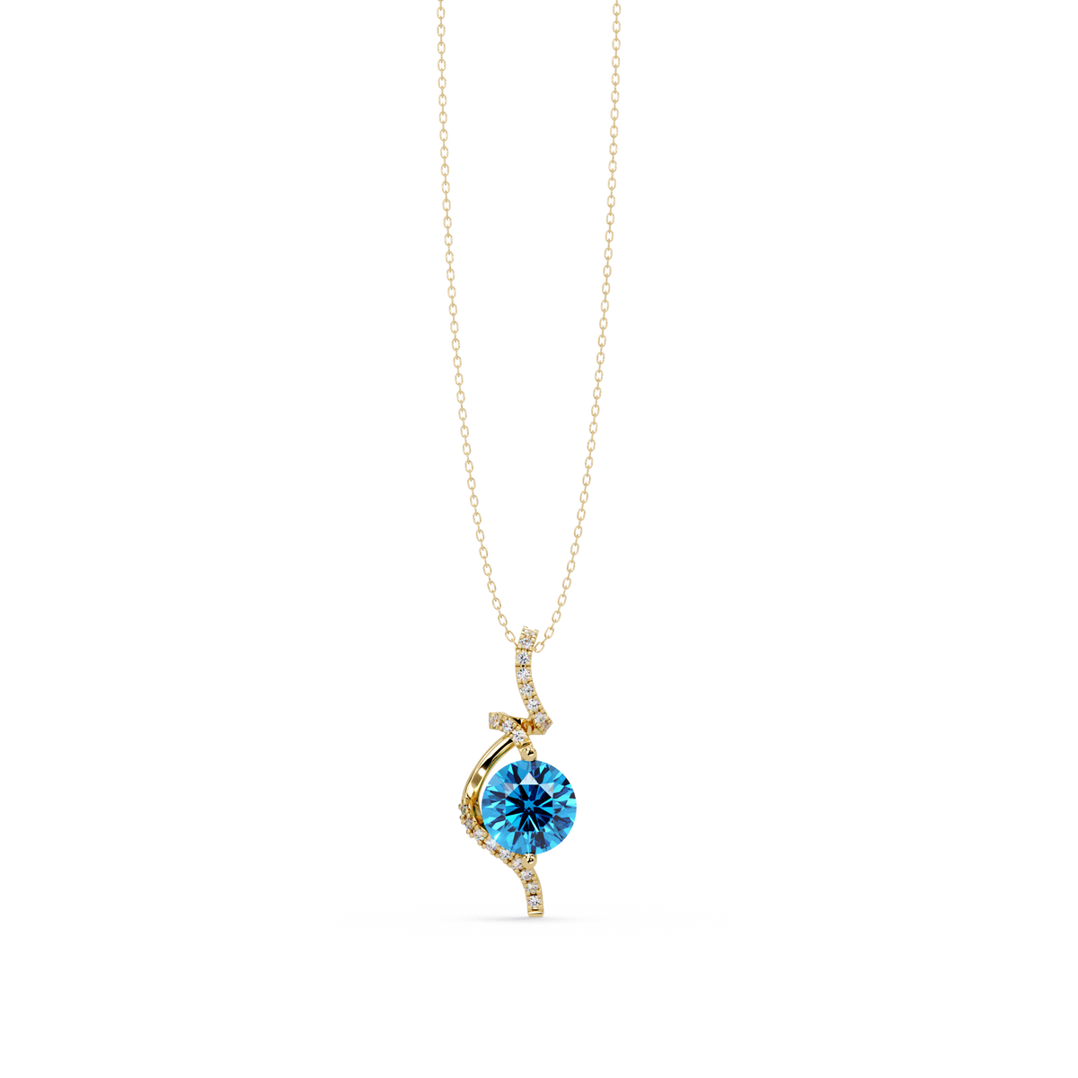 2.0 CTW Round Swirl Halo Colorstone Pendant Necklace – Aquamarine Sky Blue – 14K Yellow Gold