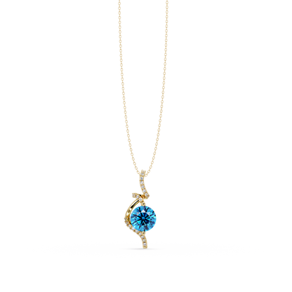 2.0 CTW Round Swirl Halo Colorstone Pendant Necklace – Aquamarine Sky Blue – 14K Yellow Gold