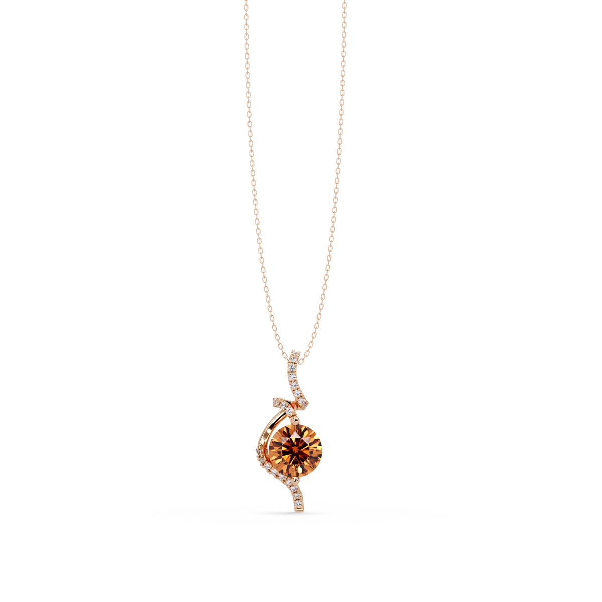 2.0 CTW Round Swirl Halo Colorstone Pendant Necklace – Champagne Topaz Amber – 14K Rose Gold