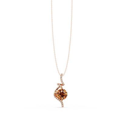 2.0 CTW Round Swirl Halo Colorstone Pendant Necklace – Champagne Topaz Amber – 14K Rose Gold