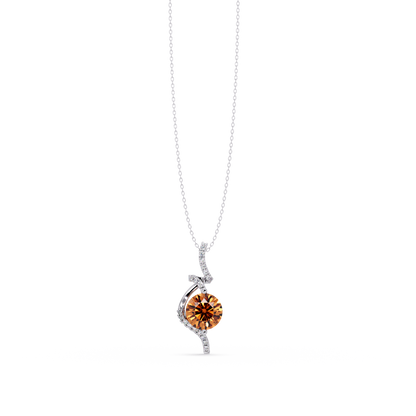2.0 CTW Round Swirl Halo Colorstone Pendant Necklace – Champagne Topaz Amber – 14K White Gold