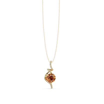 2.0 CTW Round Swirl Halo Colorstone Pendant Necklace – Champagne Topaz Amber – 14K Yellow Gold