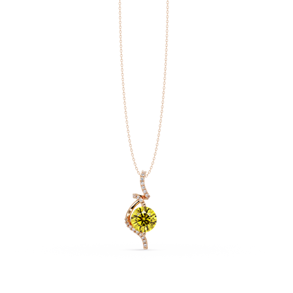 2.0 CTW Round Swirl Halo Colorstone Pendant Necklace – Citrine Lemon Yellow – 14K Rose Gold