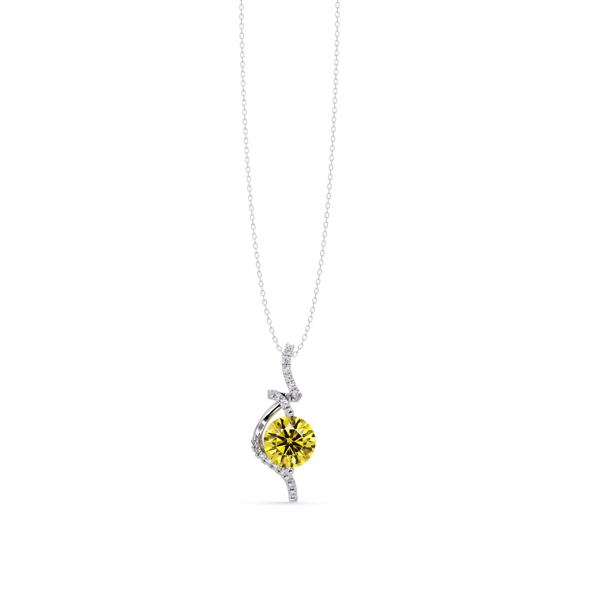 2.0 CTW Round Swirl Halo Colorstone Pendant Necklace – Citrine Lemon Yellow – 14K White Gold