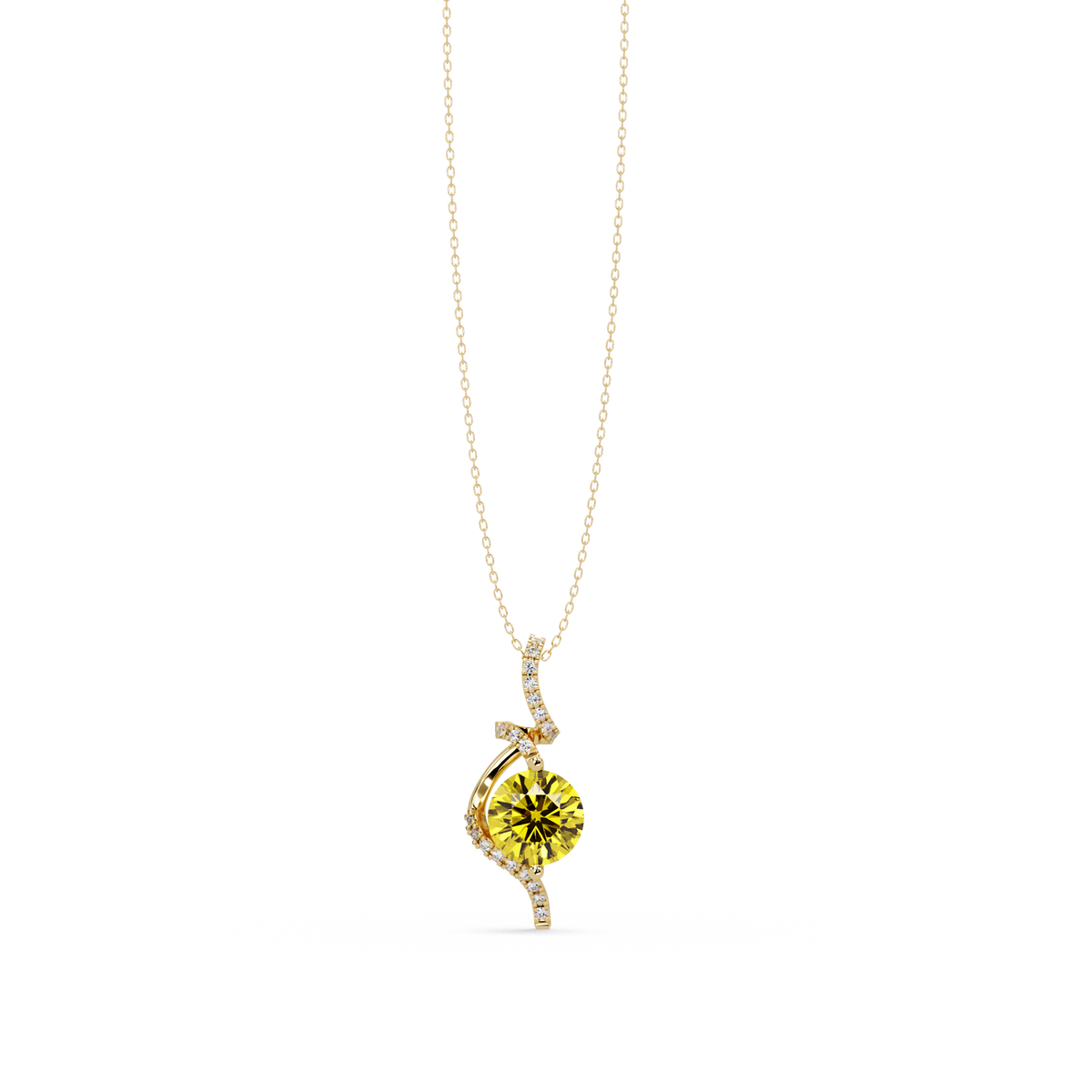 2.0 CTW Round Swirl Halo Colorstone Pendant Necklace – Citrine Lemon Yellow – 14K Yellow Gold