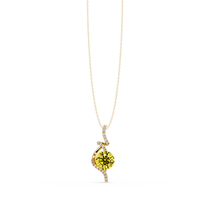 2.0 CTW Round Swirl Halo Colorstone Pendant Necklace – Citrine Lemon Yellow – 14K Yellow Gold