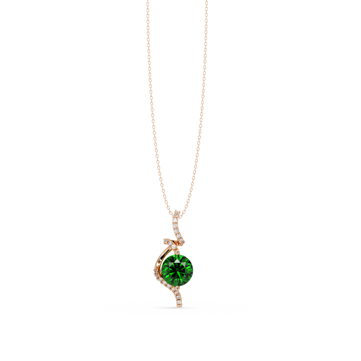 2.0 CTW Round Swirl Halo Colorstone Pendant Necklace – Emerald Deep Green – 14K Rose Gold