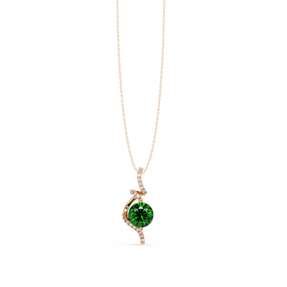 2.0 CTW Round Swirl Halo Colorstone Pendant Necklace – Emerald Deep Green – 14K Rose Gold