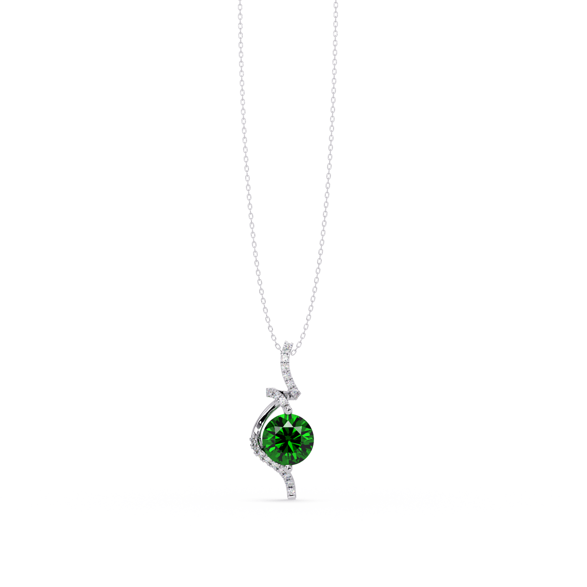 2.0 CTW Round Swirl Halo Colorstone Pendant Necklace – Emerald Deep Green – 14K White Gold