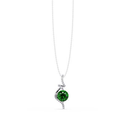 2.0 CTW Round Swirl Halo Colorstone Pendant Necklace – Emerald Deep Green – 14K White Gold
