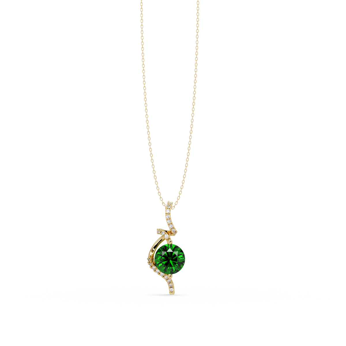 2.0 CTW Round Swirl Halo Colorstone Pendant Necklace – Emerald Deep Green – 14K Yellow Gold