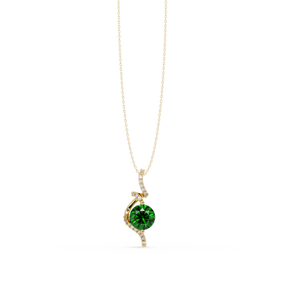 2.0 CTW Round Swirl Halo Colorstone Pendant Necklace – Emerald Deep Green – 14K Yellow Gold