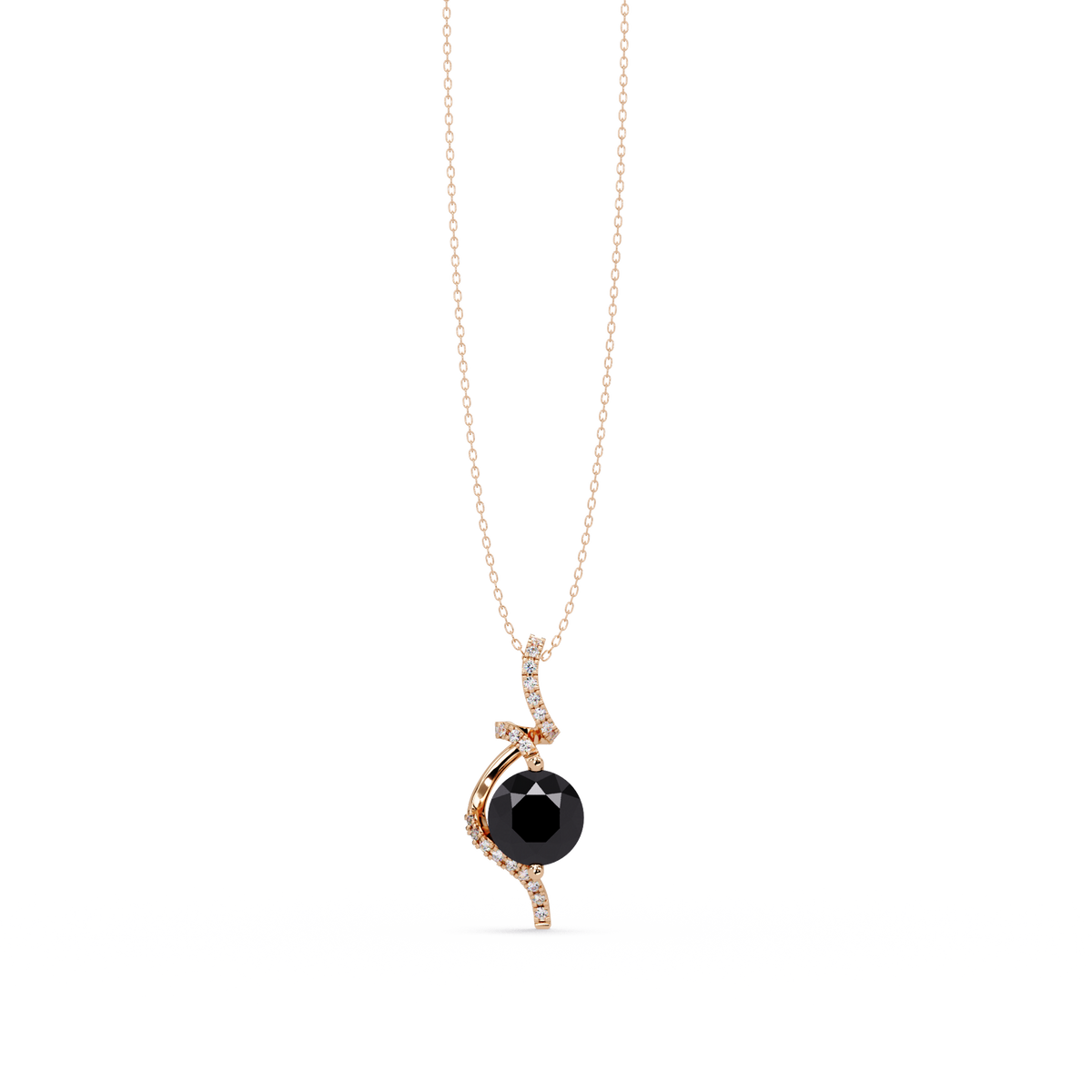 2.0 CTW Round Swirl Halo Colorstone Pendant Necklace – Onyx Black – 14K Rose Gold