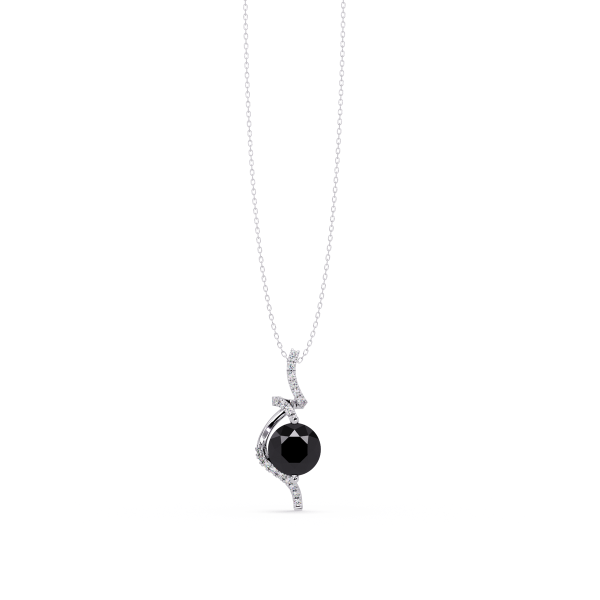 2.0 CTW Round Swirl Halo Colorstone Pendant Necklace – Onyx Black – 14K White Gold