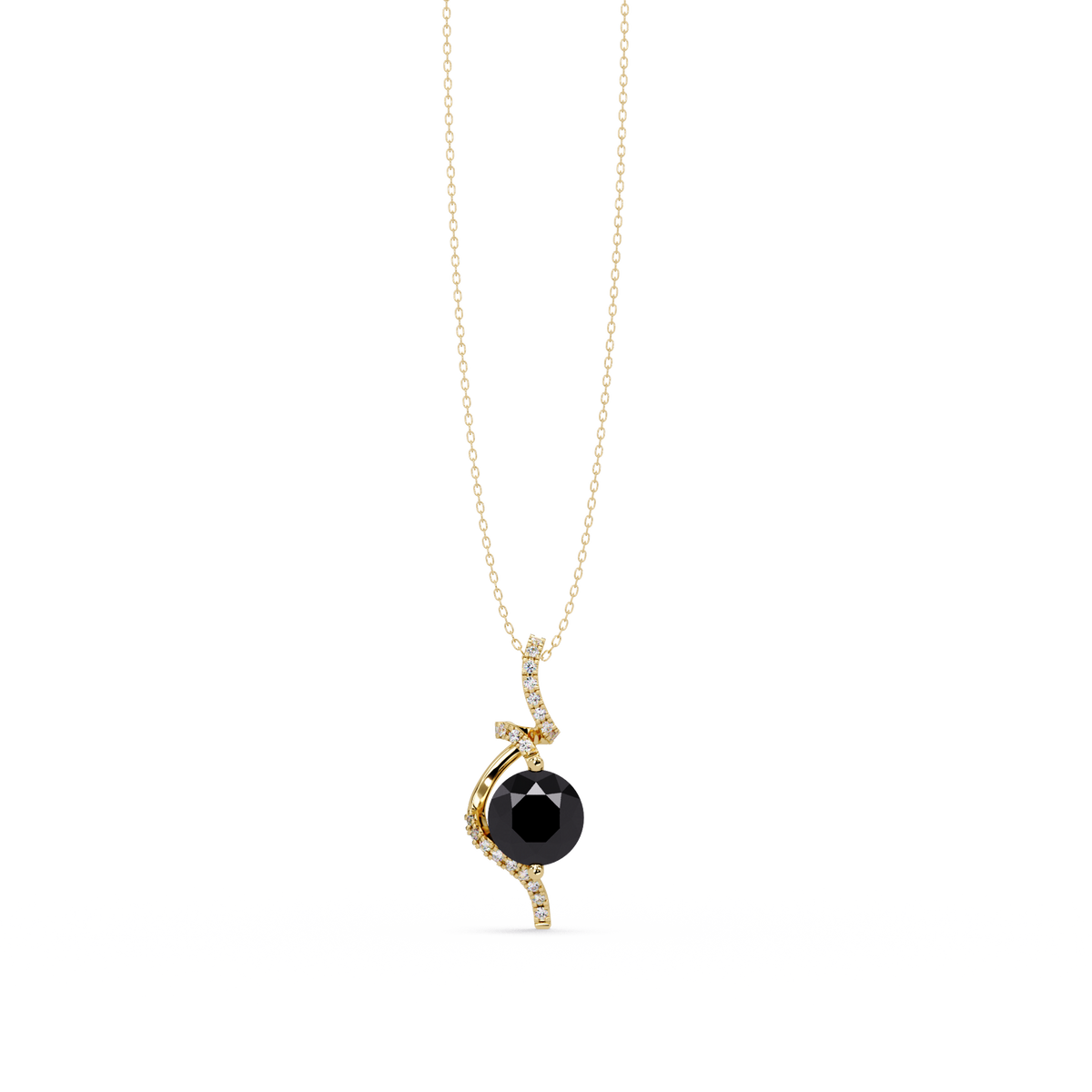2.0 CTW Round Swirl Halo Colorstone Pendant Necklace – Onyx Black – 14K Yellow Gold