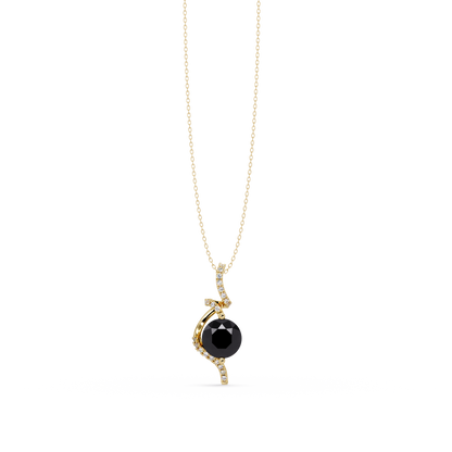 2.0 CTW Round Swirl Halo Colorstone Pendant Necklace – Onyx Black – 14K Yellow Gold