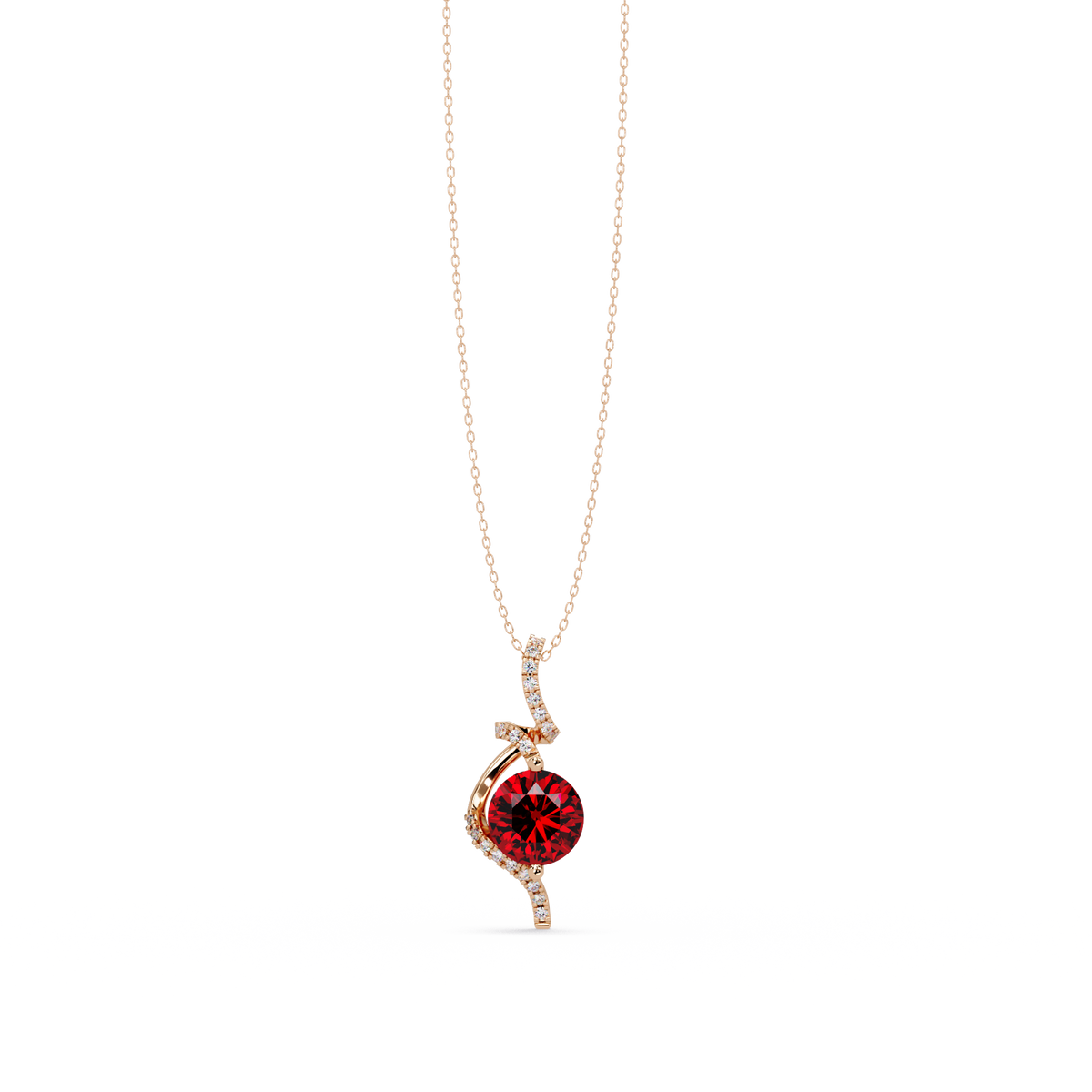 2.0 CTW Round Swirl Halo Colorstone Pendant Necklace – Ruby Deep Red – 14K Rose Gold