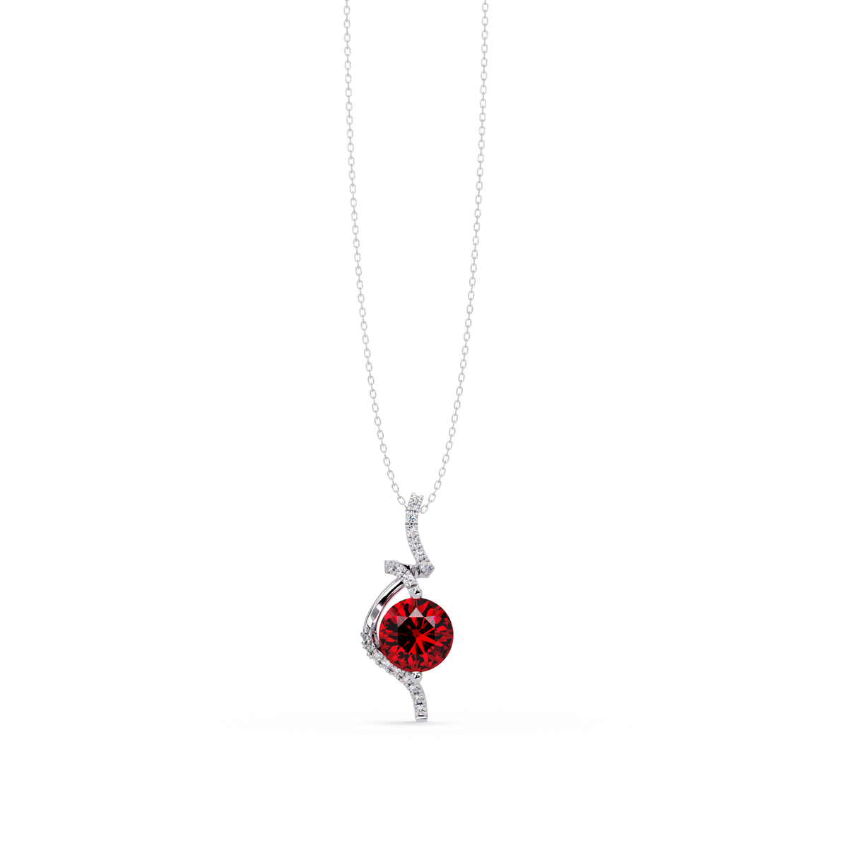 2.0 CTW Round Swirl Halo Colorstone Pendant Necklace – Ruby Deep Red – 14K White Gold