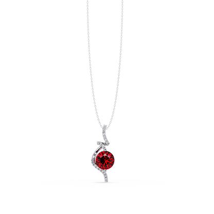2.0 CTW Round Swirl Halo Colorstone Pendant Necklace – Ruby Deep Red – 14K White Gold