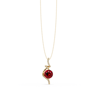 2.0 CTW Round Swirl Halo Colorstone Pendant Necklace – Ruby Deep Red – 14K Yellow Gold