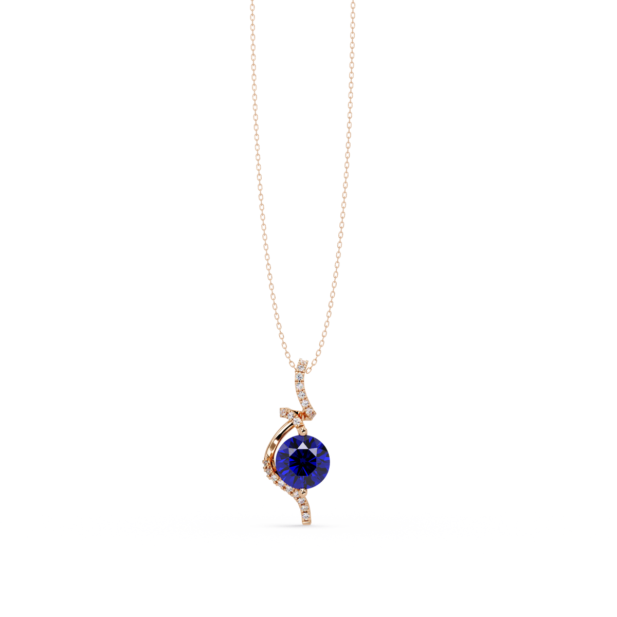 2.0 CTW Round Swirl Halo Colorstone Pendant Necklace – Sapphire Royal Blue – 14K Rose Gold