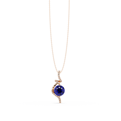 2.0 CTW Round Swirl Halo Colorstone Pendant Necklace – Sapphire Royal Blue – 14K Rose Gold