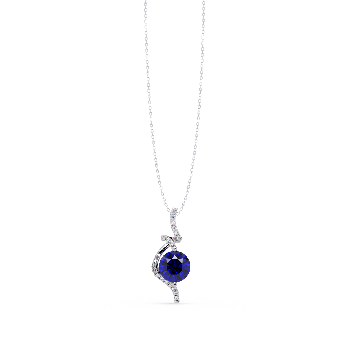 2.0 CTW Round Swirl Halo Colorstone Pendant Necklace – Sapphire Royal Blue – 14K White Gold