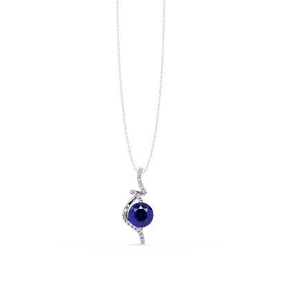 2.0 CTW Round Swirl Halo Colorstone Pendant Necklace – Sapphire Royal Blue – 14K White Gold